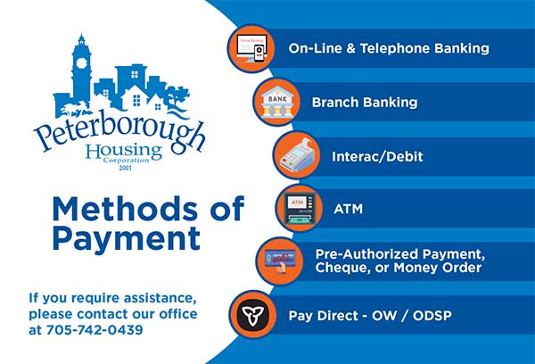 Payment-Options-Online banking (including telephone app) Debit Telephone banking In bank branch ATM Banking Machine Pre-Authorized Payment (Telephone the office to arrange) Cheque or Money Order (Place in the drop box at 526 McDonnel Street) OW/ODSP recipients